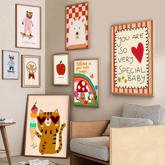 Animals Poster Prints Nordic Floral Bunnies Nursery Cool Bear Goose Wall Art Whimsical Rabbit Print for Kids Room Playroom Decor